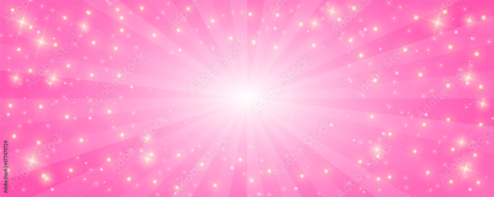 Sunburst pink background. Cartoon radial light backdrop. Retro comic pattern with rays and sparkles and stars. Vector wallpaper - obrazy, fototapety, plakaty 