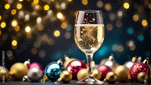 Festive Glass of Champagne with Christmas Ornaments and Bokeh Background