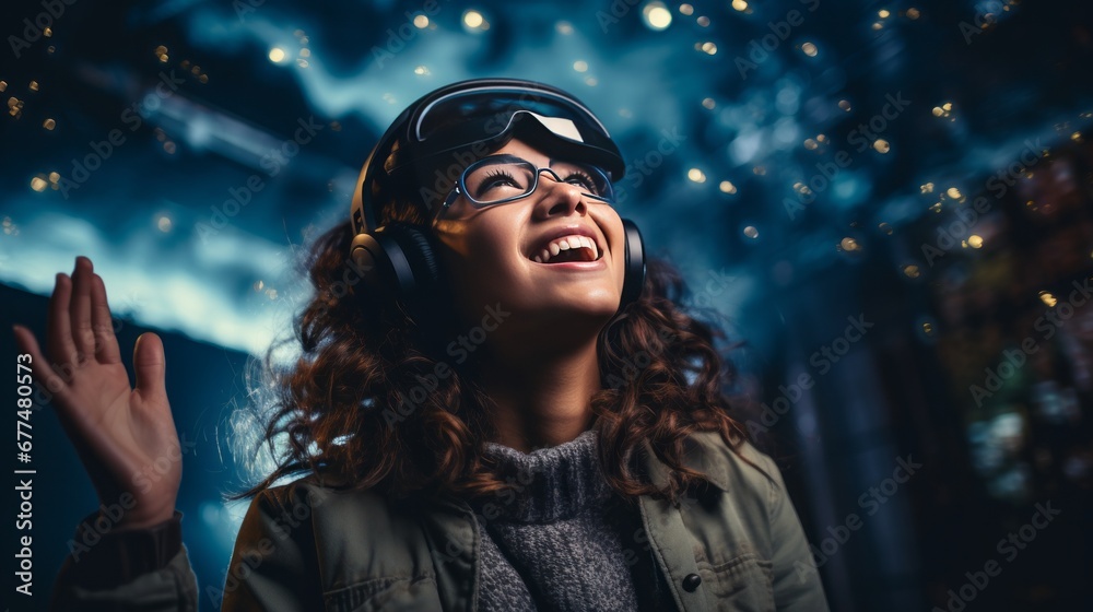 virtual digital cybersapce reality cheerful exited woman wear vr headset while enter to cyberspace experience cyberpunk entertainment technology with light bokeh background virtual digital cybersapce reality cheerful exited woman wear vr headset while enter to cyberspace experience cyberpunk entertainment technology with light bokeh background