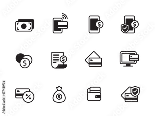 Set of payment icons with black color on white background. Payment sign collection