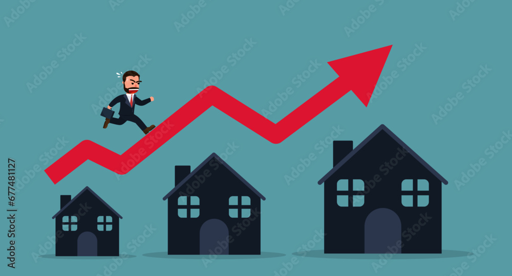 Businessman running on a rising red graph on the roof of a house. House price increase, real estate, or real estate growth concept. Vector illustration Businessman running on a rising red graph on the roof of a house. House price increase, real estate, or real estate growth concept. Vector illustration