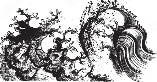 波　波しぶき　手書きの毛筆イラスト