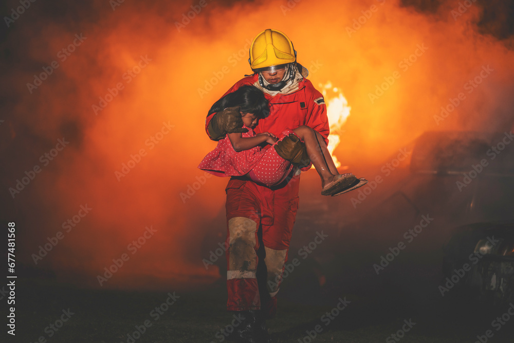 Firefighters bravely help fire victims out of the fire - obrazy, fototapety, plakaty 