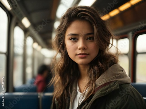 Cute girl in train Generative AI