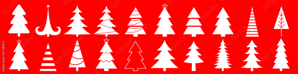 Vector set of Christmas trees. Set of Christmas trees on a red background. Silhouettes of trees in white. Vector EPS 10