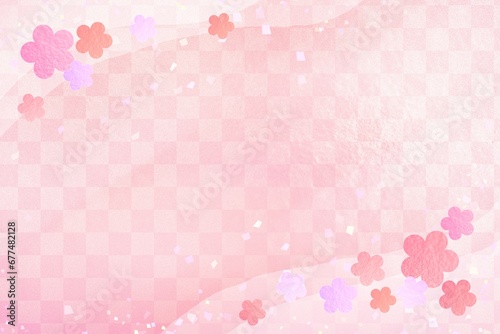 和風ピンクの市松模様と梅の花の背景 年賀状 ひな祭り photo
