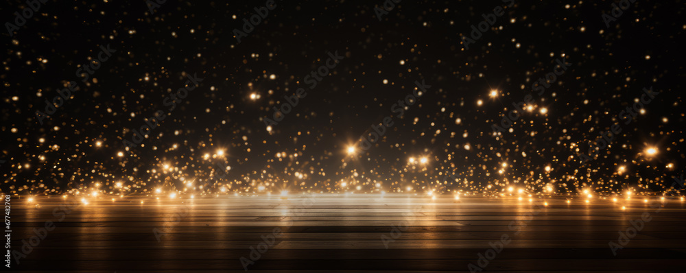 Naklejka premium Golden sparkling lights against a black backdrop, used for tabletop photography.