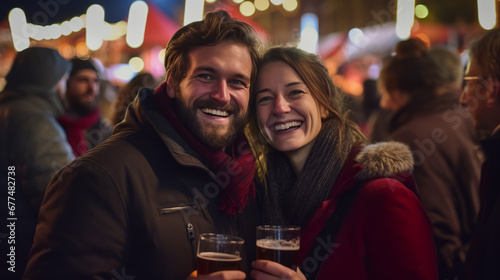 A couple in a Christmas market crowd, enjoying drinks, exuding fun and close personality.