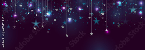 Silver hanging stars and neon shiny particles abstract background. New Year and Christmas vector graphic banner design