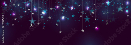 Silver hanging stars and neon shiny particles abstract background. New Year and Christmas vector graphic banner design
