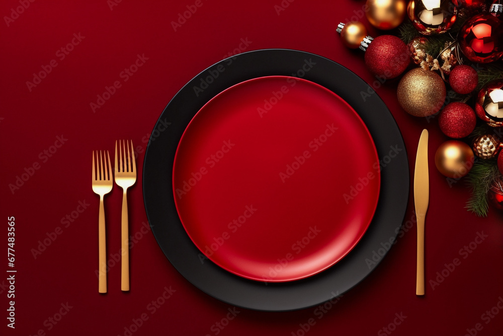 Christmas red background with plate and decor in red and gold colors Christmas red background with plate and decor in red and gold colors