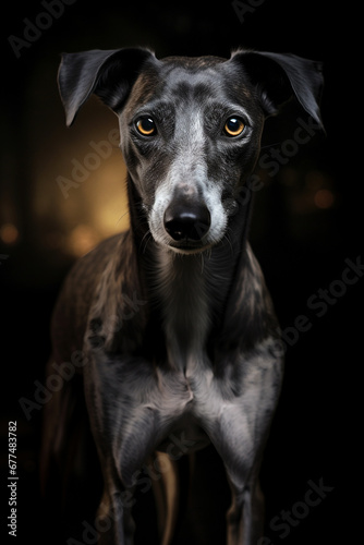 Portrait of a greyhound dog on a black background in the dark