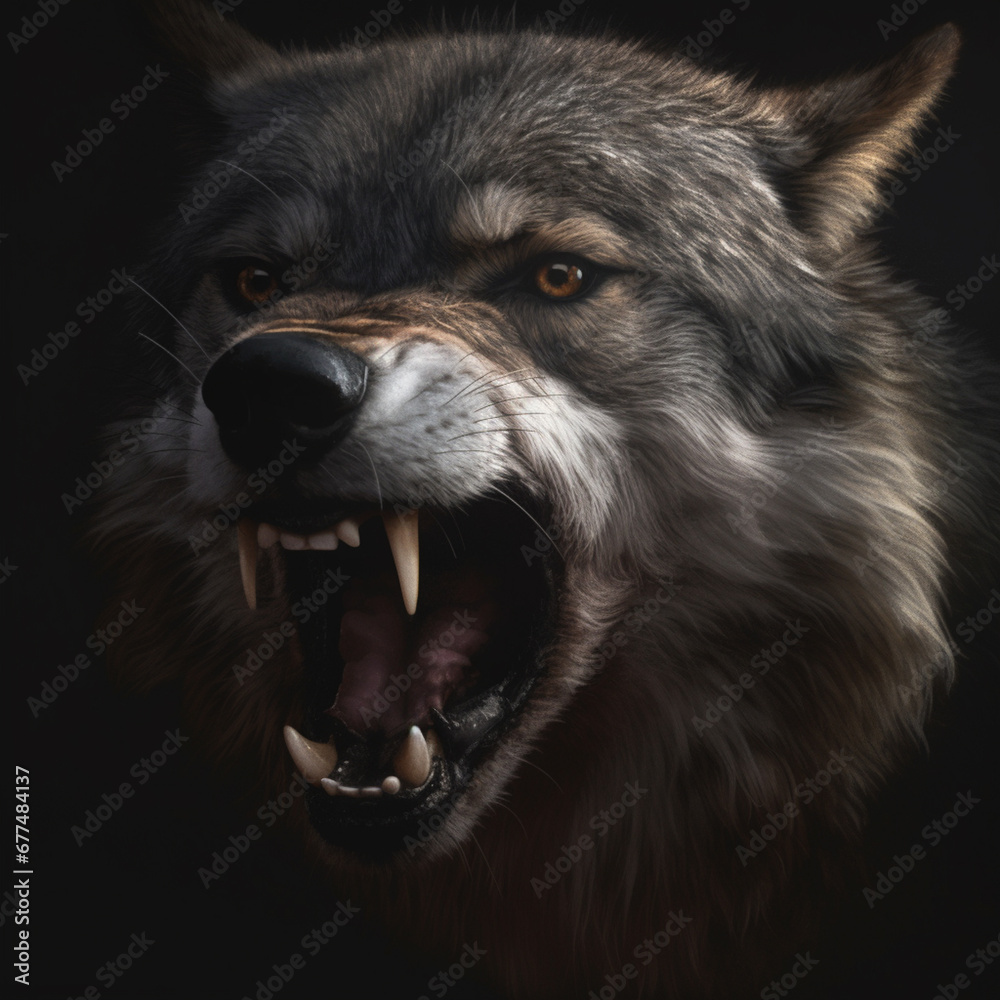 Portrait of a wolf with open mouth on a black background.