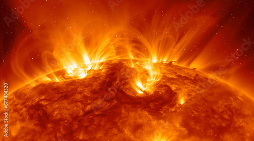 Fototapeta Naklejka Na Ścianę i Meble -  Our star with magnetic storms. Plasma flash on the surface of a our star 