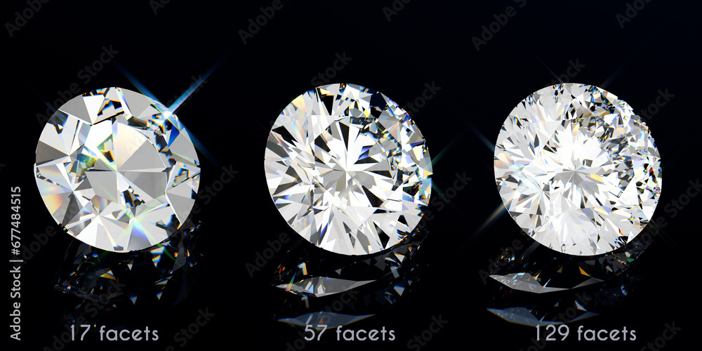 Round shaped, variously cut diamonds. Single cut 17 facets, brilliant cut 57 facets, modified cut 129 facets. Side view on black glossy background. Round shaped, variously cut diamonds. Single cut 17 facets, brilliant cut 57 facets, modified cut 129 facets. Side view on black glossy background.