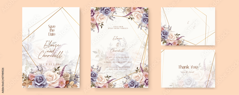Blue beige and white rose vector wedding invitation card set template with flowers and leaves watercolor