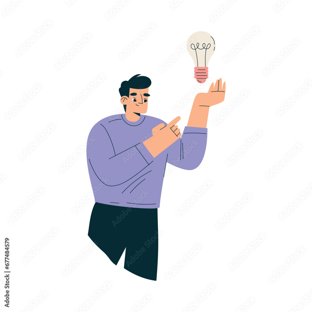 Business Concept with Man Character Find Idea with Lightbulb Vector Illustration