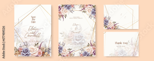 Blue beige and white rose vector wedding invitation card set template with flowers and leaves watercolor