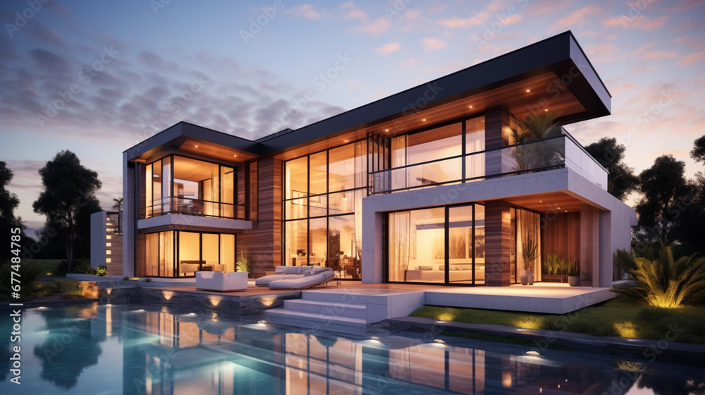 3d rendering of modern cozy house with pool and parking for sale or rent in luxurious style. Sunset with beautiful sky.