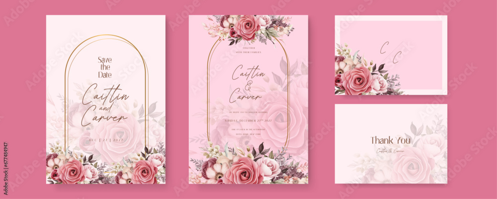 Pink rose and cosmos modern wedding invitation template with floral and flower