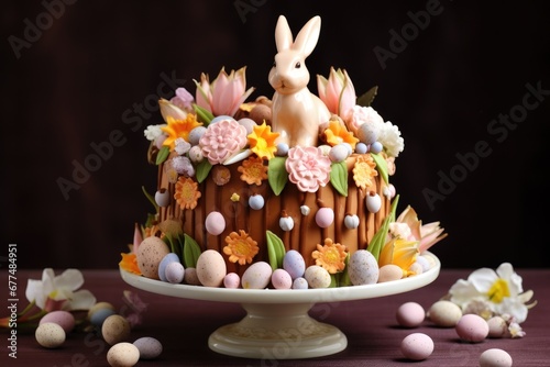 Easter cake and colorful painted eggs. Traditional easter spring holiday food. Generative AI