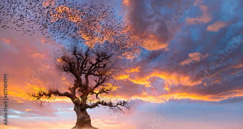 Silhouette of birds flying with lone dead tree at amazing sunset, sun rays in the background