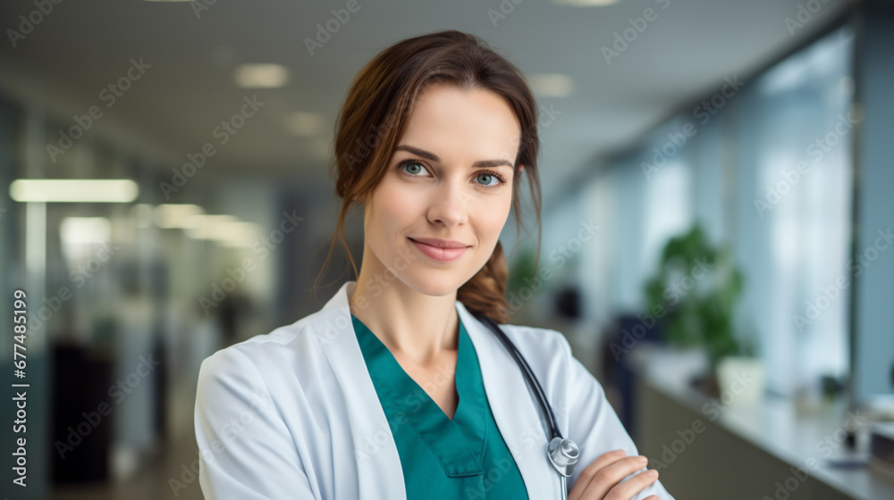Portrait of young female doctor with stethoscope in hospital corridor