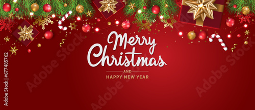 Merry Christmas and happy new year background. Christmas letters, Gift boxes, Christmas balls. Christmas element for web, banners, greeting card, template design. Vector EPS10.