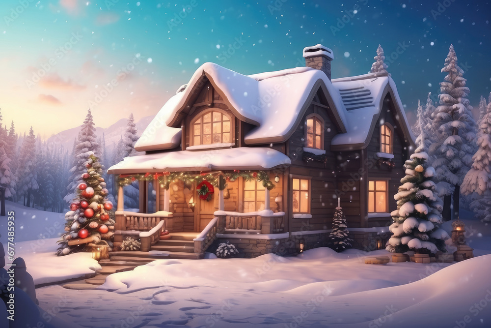 Cozy wooden house in mountains at night with christmas trees and gifts in winter in the snow with Christmas decor - holiday card