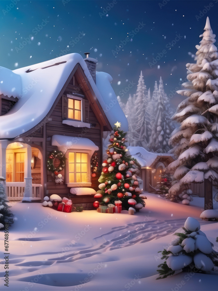 Obraz premium Cozy wooden house in mountains at night with christmas trees and gifts in winter in the snow with Christmas decor - holiday card