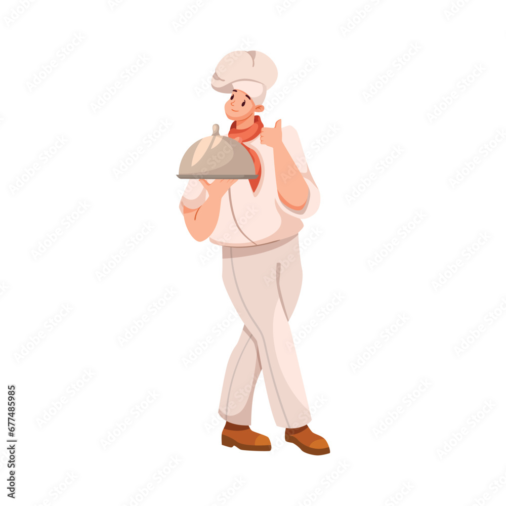 Man Chef Character in Uniform Hold Tray in Restaurant Cooking Meal Vector Illustration