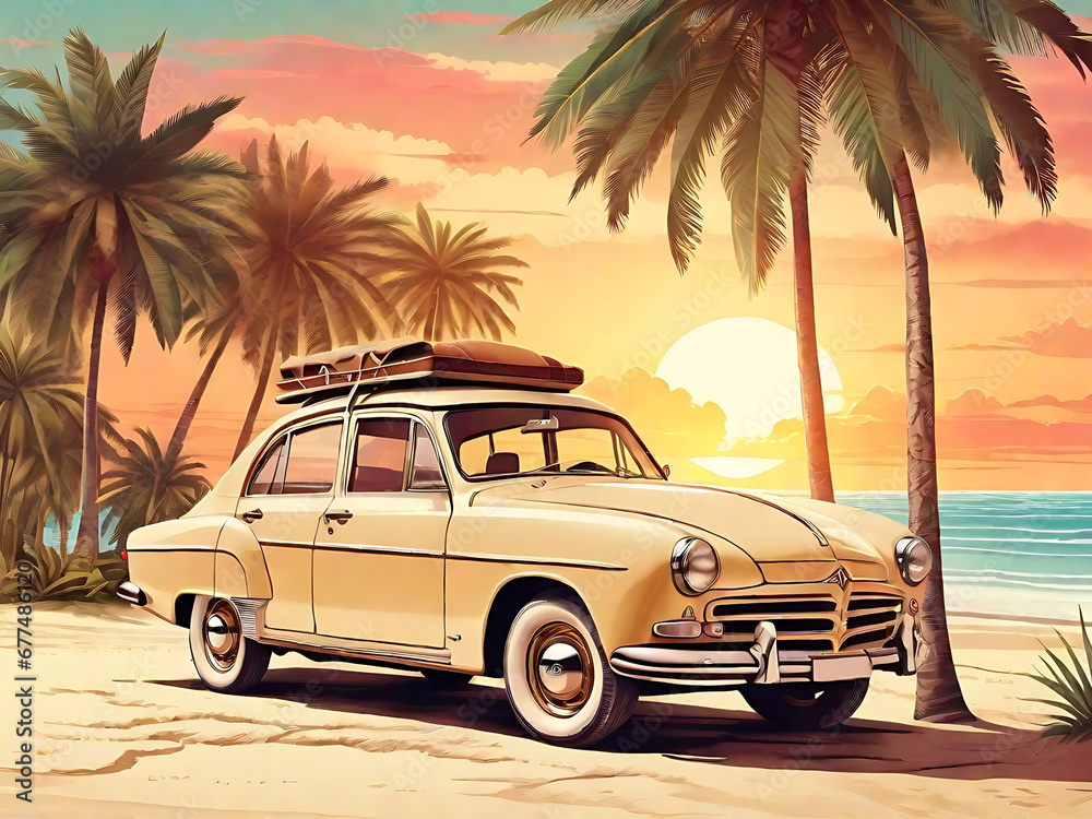 vintage car on the beach with palm tree.