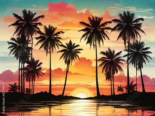 sunset in the beach with palm trees, vector illustration