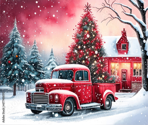 A red retro Christmas truck with gifts and a Christmas tree in the back near a decorated house in winter with snow. A holiday card for Christmas and New Year.