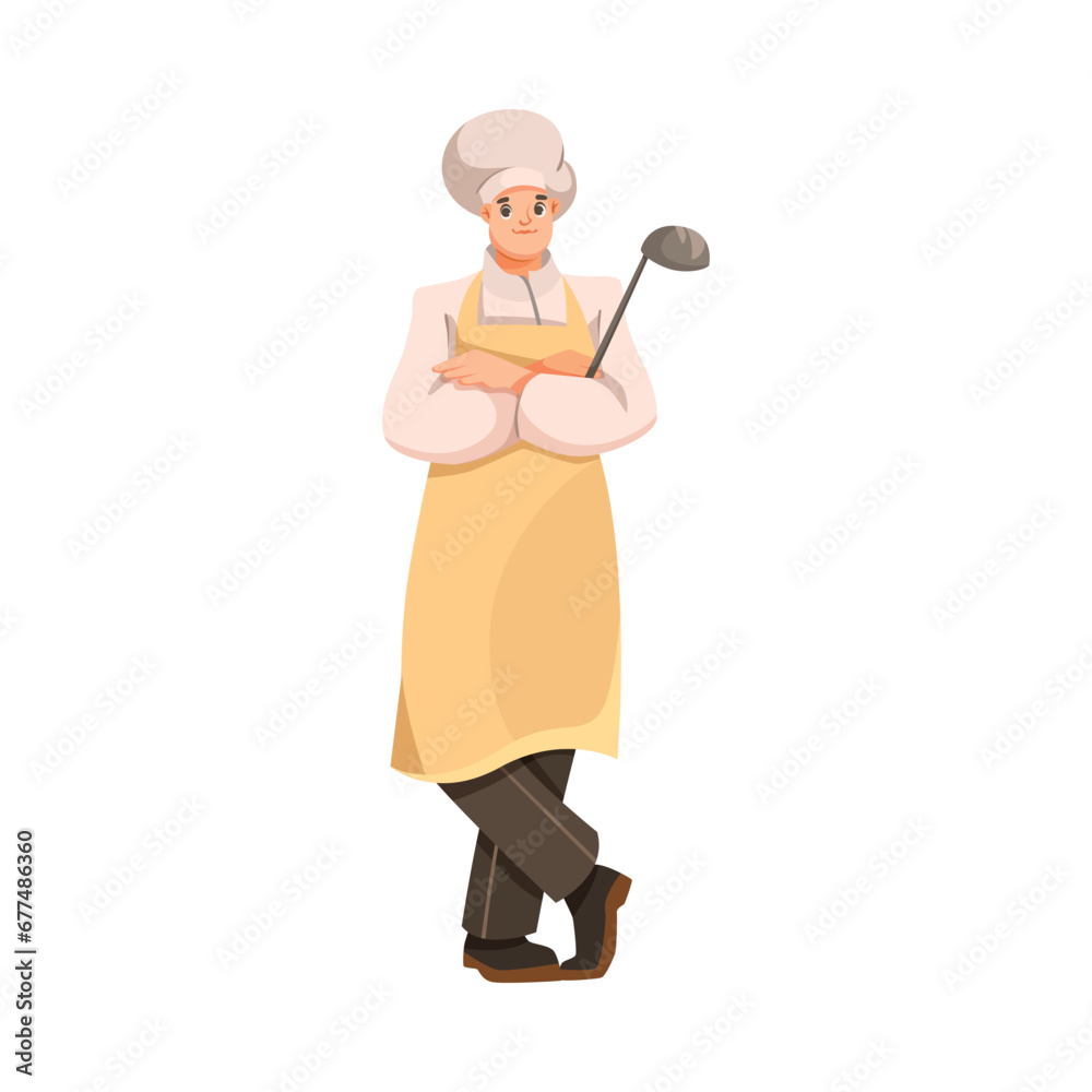 Man Chef Character in Uniform with Ladle in Restaurant Cooking Meal Vector Illustration Man Chef Character in Uniform with Ladle in Restaurant Cooking Meal Vector Illustration