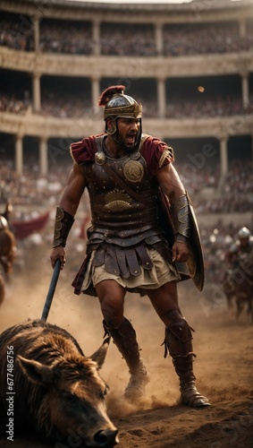 a Roman gladiator fight with a Boar in arena, 8K Well Detailed, Generative AI