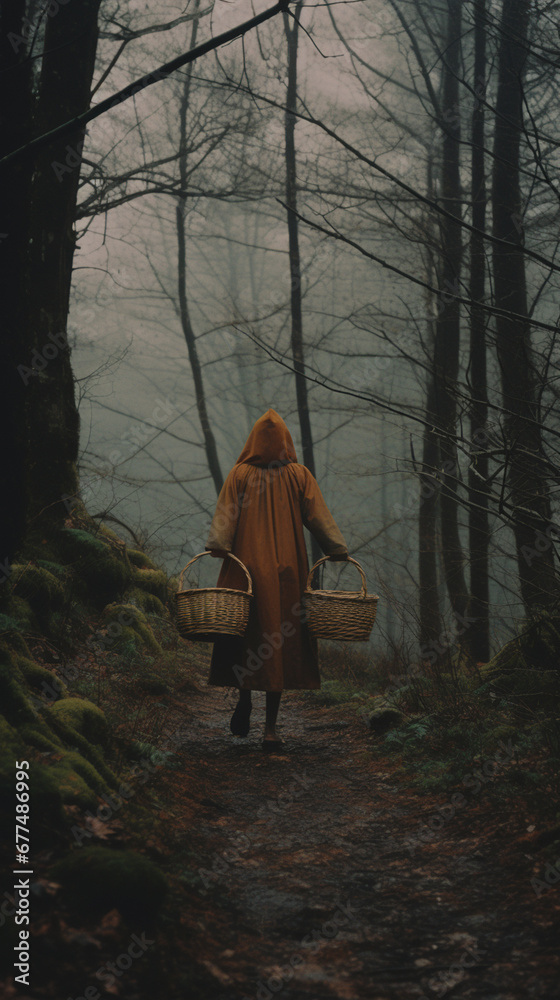 Mysterious woman with a basket in a foggy forest. Mysterious woman with a basket in a foggy forest.
