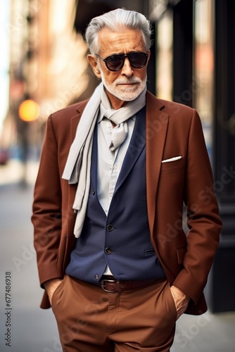 Portrait of an affluent senior stylish man in casual attire on city street, Generative AI