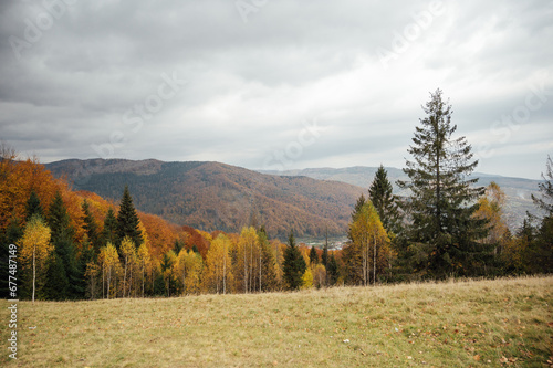 Golden autumn in the Carpathians. Mining arrays combined with trees with yellow leaves. Beautiful clouds and sun