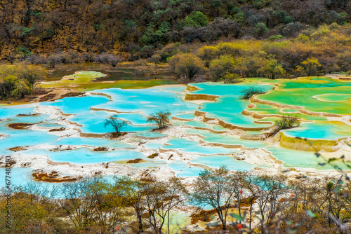 Huanglong National Park , Yellow Dragon during autumn afternoon in Ngawa Tibetan and Qiang in Sichuan , China : 18 October 2023. photo