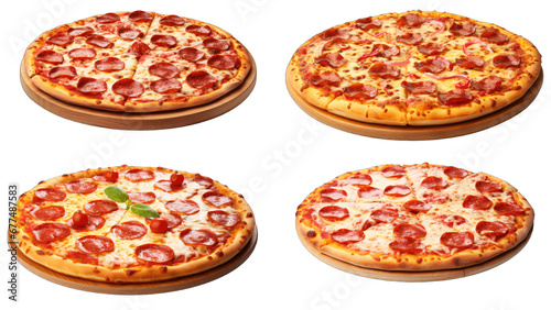 set of four different pepperoni pizzas with rich mozzarella cheese, isolated on transparent background. ideal for food magazine features and gastronomic advertisements