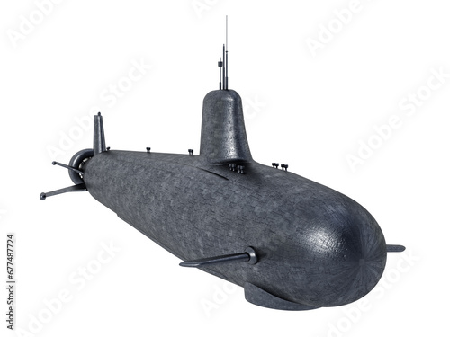 Military submarine isolated on white background. 3D illustration