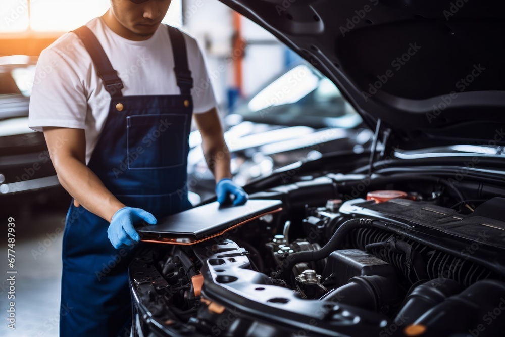 Car mechanic holding clipboard and checking to maintenance vehicle by customer claim order in auto repair shop garage. Engine repair service. People occupation and business job.Automobile,GenerativeAI