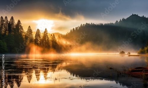  a breathtaking scene of a misty morning over a tranquil lake surrounded by mountains and forest. The rising sun casts a warm, golden glow through the mist, reflecting off the calm water, 