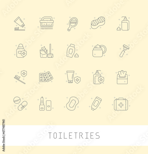 Vector travel toiletries icons. Editable icons. Toothbrush shampoo conditioner deodorant  moisturizer hand cream facial cleanser sunscreen razor soap mirror nail. isolated on white background.