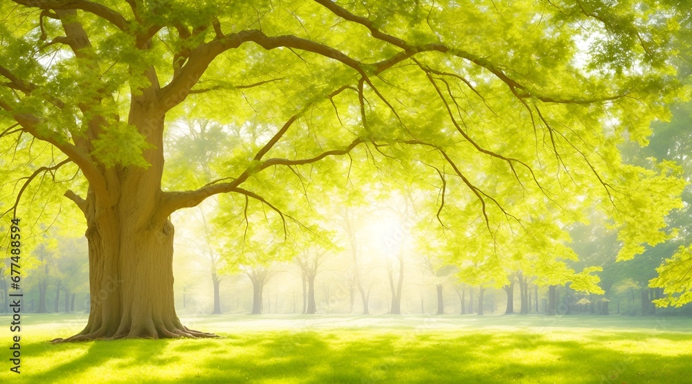 Naklejka premium Out of focus oak tree in forest or park with fallen leaves and sunlight. Beautiful spring summer nature background