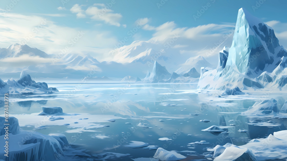 Hand-drawn beautiful illustration of iceberg scenery on the Arctic sea
