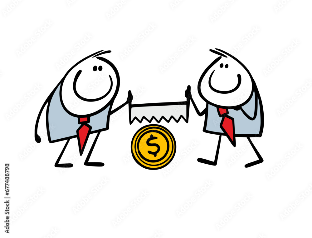 Two businessmen sawing tree trunk with dollar sign or gold coin with hand saw. Vector illustration of mutually beneficial cooperation in work and business. Earn money and share.