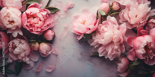flat lay, pink peony flowers on a pink background with space for text. feminine design, flower wall. photo