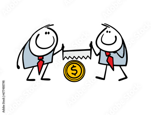 Two businessmen sawing tree trunk with dollar sign or gold coin with hand saw. Vector illustration of mutually beneficial cooperation in work and business. Earn money and share.